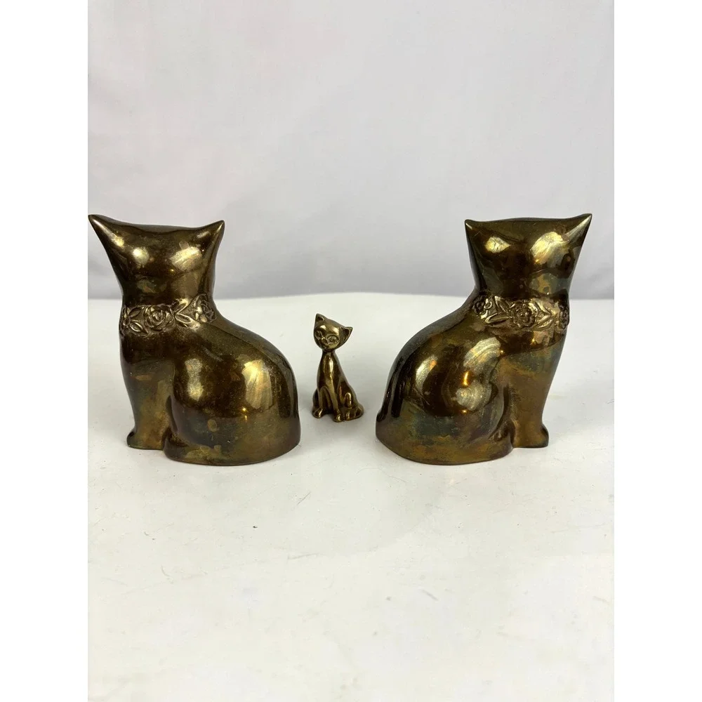 Vintage‎ Brass Cat Figurine Set Mid Century Style Kitty Family Decor Lot of 3